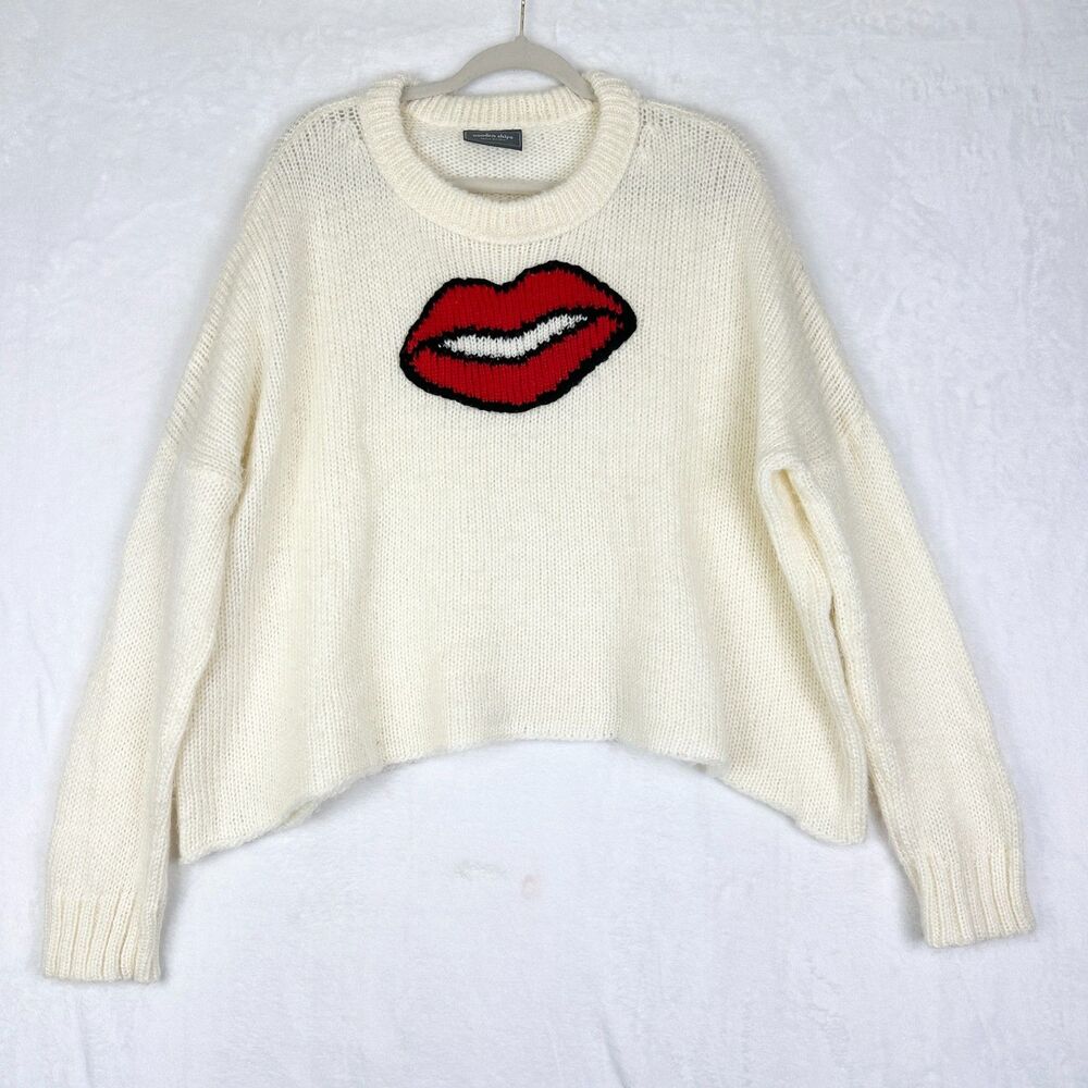 Wooden Ships Smooch Pullover Sweater Size S/M Cream Mohair Wool Oversized Lips
